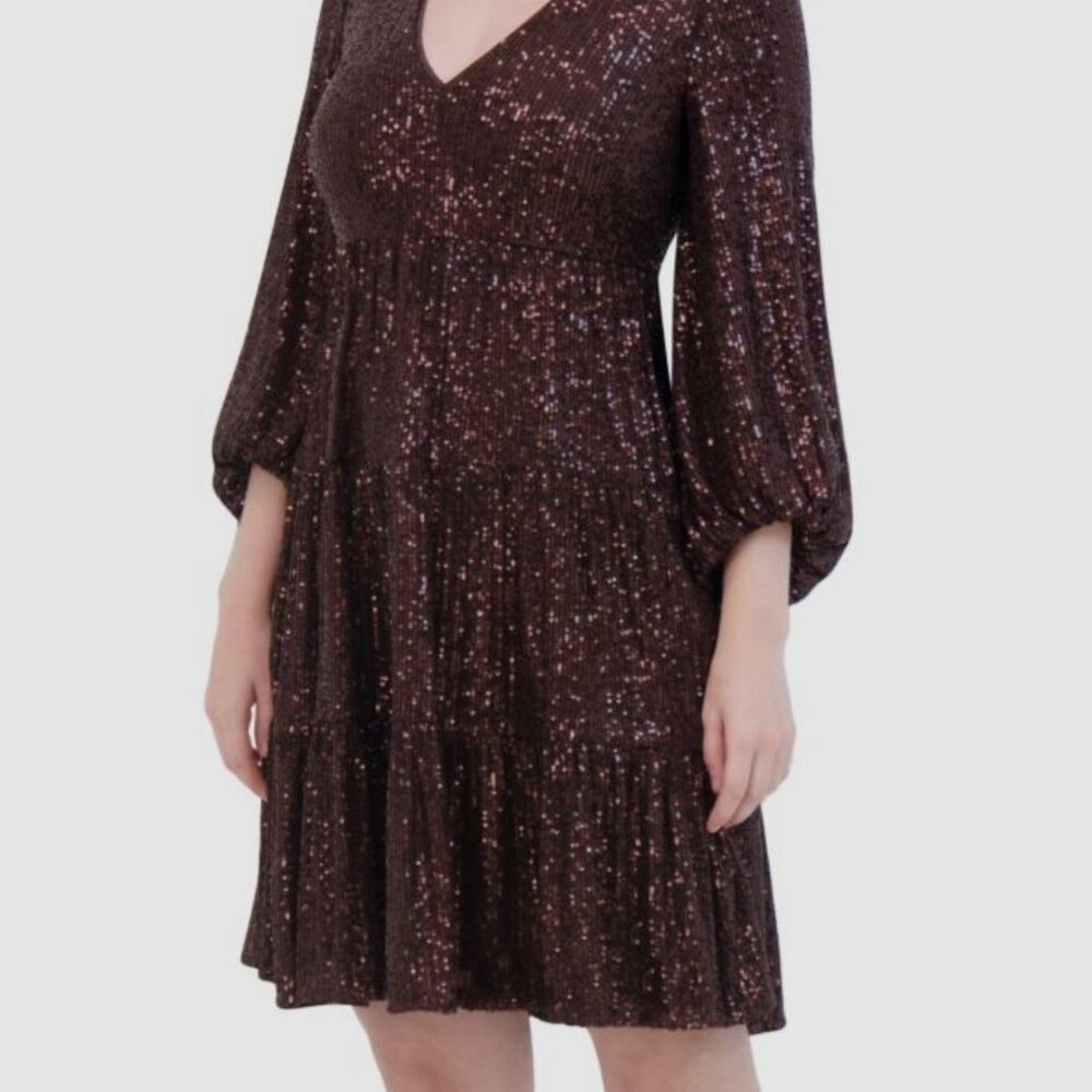 Eliza J Women's Brown Sequins Tiered Lined Stretch Fit & Flare Dress Size 6 NWT - Picture 2 of 11